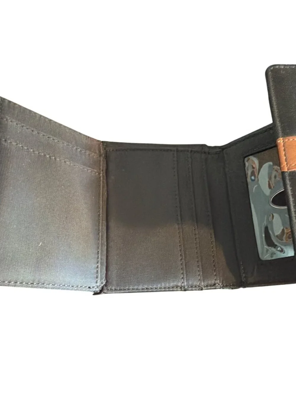 Liz Claiborne Black Nylon Brown Tri Fold Wallet Zipper Card Slots NWOT